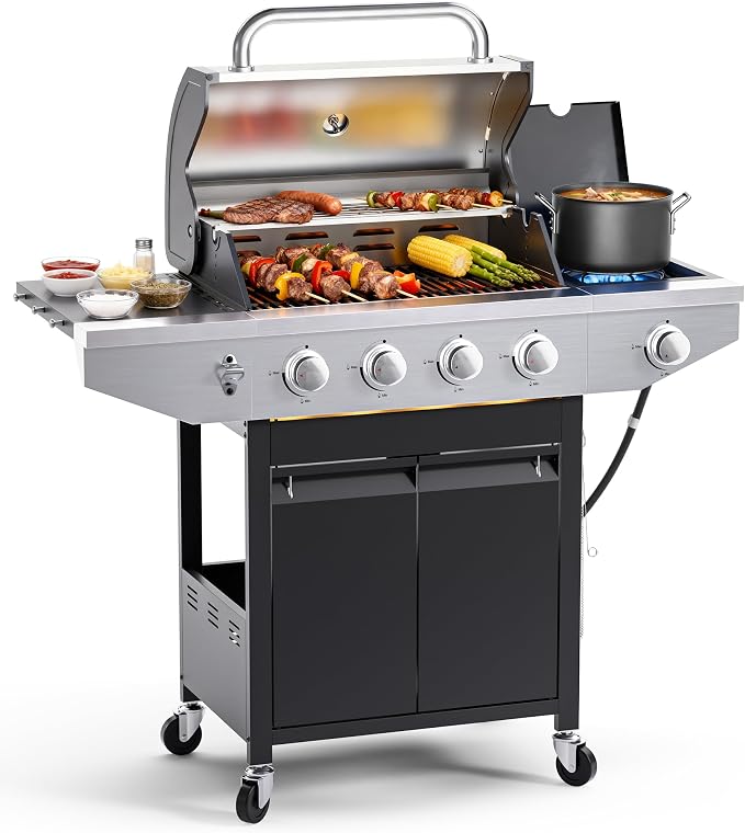 EUHOME 4-Burner Propane Gas BBQ Grill with Side Burner, 46,500 BTU Output Stainless Steel Barbecue Grill with Enameled Cast Iron Grates and Side Tables for Outdoor Cooking Kitchen and Patio Backyard