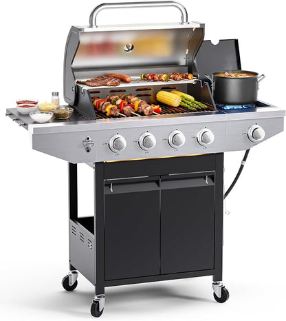 EUHOME 4-Burner Propane Gas BBQ Grill with Side Burner, 46,500 BTU Output Stainless Steel Barbecue Grill with Enameled Cast Iron Grates and Side Tables for Outdoor Cooking Kitchen and Patio Backyard