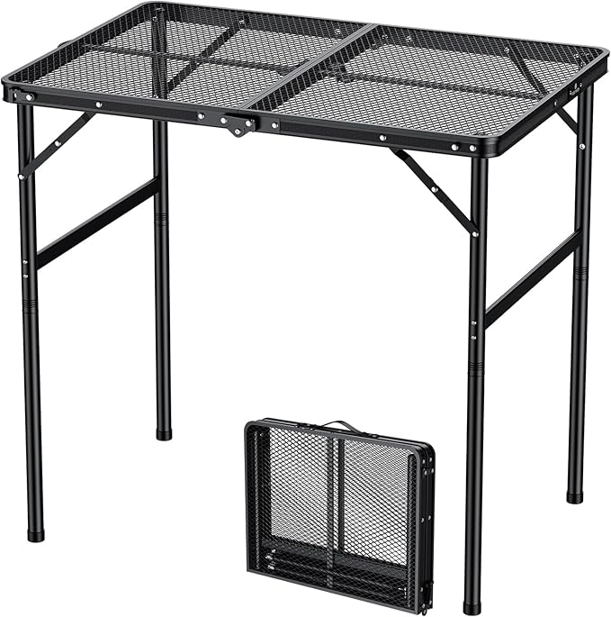 FUNYKICH Wider and Taller Grill Table 31.5''x21.6'', Max Height 29.4'' Portable Camping Tables, 2 Height Adjustable Lightweight Metal BBQ Table with Carry Handle for Camping, Picnic, BBQ, Black