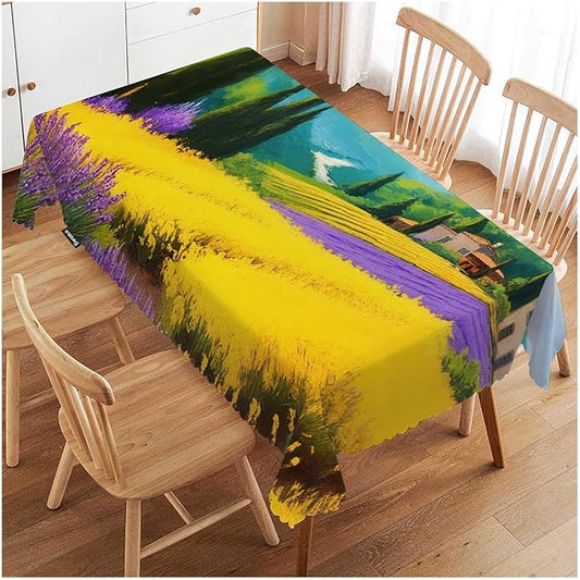 Swono Countryside Rectangle Tablecloth Rural Houses Rye Field Cypress Trees Mountains Table Cloth Dining Table Cover for Home Kitchen Restaurant Party Buffet Picnic, 52x70 Inch