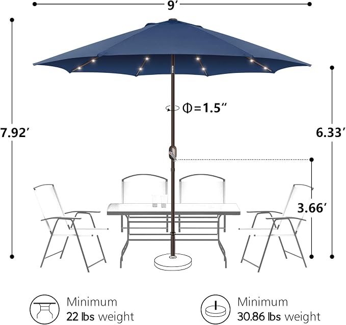 9ft Patio Umbrella with Solar Lights, Outdoor Umbrella with 24 LED Solar Umbrella Lights, Push Button Tilt & Crank Ideal for Garden, Deck, Backyard & Pool, Navy Blue