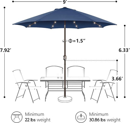 9ft Patio Umbrella with Solar Lights, Outdoor Umbrella with 24 LED Solar Umbrella Lights, Push Button Tilt & Crank Ideal for Garden, Deck, Backyard & Pool, Navy Blue