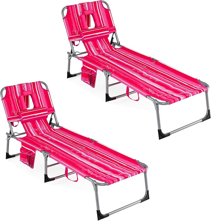 COSTWAY Tanning Chair with Face Hole, Folding Beach Lounge Chair with 4-Position Adjustable Backrest, Pillow & Side Pocket, Foldable Chaise Lounge Chair Outdoor for Sunbathing, Camping (2, Pink+White)