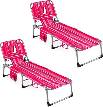 COSTWAY Tanning Chair with Face Hole, Folding Beach Lounge Chair with 4-Position Adjustable Backrest, Pillow & Side Pocket, Foldable Chaise Lounge Chair Outdoor for Sunbathing, Camping (2, Pink+White)