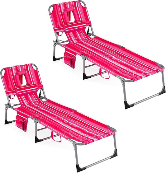 COSTWAY Tanning Chair with Face Hole, Folding Beach Lounge Chair with 4-Position Adjustable Backrest, Pillow & Side Pocket, Foldable Chaise Lounge Chair Outdoor for Sunbathing, Camping (2, Pink+White)