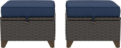 2 Pieces Patio Outdoor Ottomans with Removable and Washable Covers，PE Rattan Wicker Footstools for Porch, Garden, Sunroom (Navy Blue)