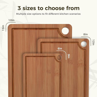 Bamboo Cutting Board for Kitchen, 3-Piece Wooden Cutting Board Set with Deep Juice Grooves, Side Handles, Non-Slip Mats, Reversible Boards for Meat, Vegetables, Fruit and Cheese