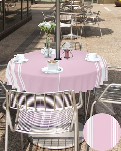 QueenKer Outdoor Tablecloth with Umbrella Hole, Farmhouse Pink White Stripe Round Tables Waterproof Tabletop Collection for Patio, Garden, Picnic, Camping, Dining 60R