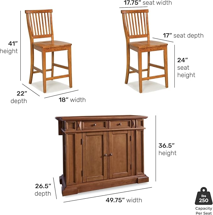 Homestyles Americana Cottage Oak 3-Piece Kitchen Island Set with Hardwood Drop Leaf Top and Two Counter Stools