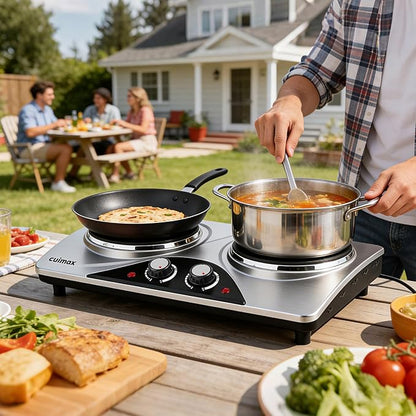Double Burner, CUSIMAX Electric Hot Plate for Cooking, 1800 Watts Portable Countertop Burner, Cast Iron Hot Plates with Dual Adjustable Temperature, Easy to Clean, Sliver