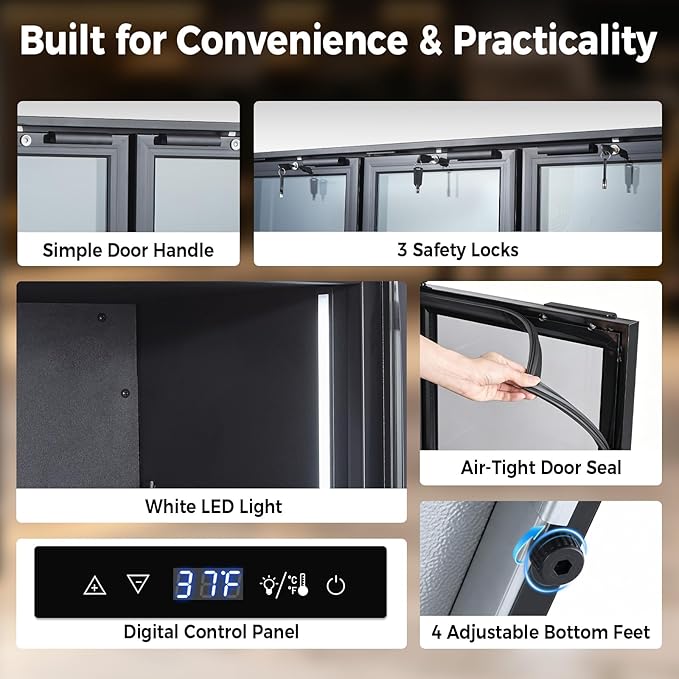 Back Bar Cooler with 3 Glass Door, 11.2 Cu.Ft Commercial Beverage Fridge, Under Counter Display Refrigerator with Safety Lock for Beer, Soda, Wine, Built-In/Freestanding for Bar Store Restaurant