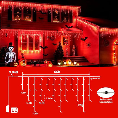 YEGUO 66ft 800 LED Icicle Lights Outdoor Waterproof, 160 Drops Halloween Lights Connectable, 8 Modes Icicle Christmas Light with Memory(Red)