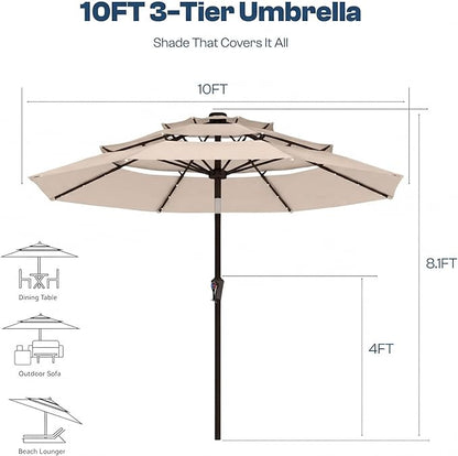 10ft 3-Tier Patio Umbrella with 32 Solar Powered LED Lights, Windproof Outdoor Market Umbrella for Deck, Poolside & Garden, Sturdy Push-Button Tilt Table Umbrella, Beige