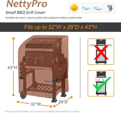 NettyPro Grill Cover for Outdoor Small Grill 32 Inch Waterproof Heavy Duty | 2 Burner Gas BBQ Cover for Outside, UV Protection, Windproof Strap, Air Vent, Fits Weber, Char-Broil, Brinkmann Barbecue