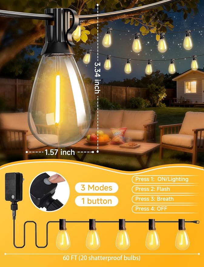 60FT Outdoor String Lights with Remote, LED Patio Lights with20+1 Waterproof S11 Bulbs, Outside Dimmable 2700K Warm White, Timer & 3 Modes,for Backyard Garden Deck Porch Balcony Gazebo Party Decor