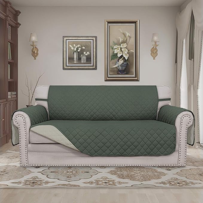 Easy-Going Sofa Slipcover Reversible Loveseat Sofa Cover Couch Cover for 2 Cushion Couch Furniture Protector with Elastic Straps for Pets Kids Dog Cat (Oversized Loveseat, Greyish Green/Beige) | Oversized Loveseat Slipcover For Dogs, Water Resistant Ma...