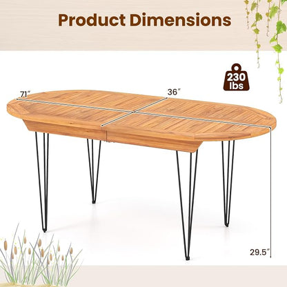 Tangkula 71" Outdoor Dining Table for 6, Oval Teak Wood 6 Person Patio Table with 2" Umbrella Hole, Metal Legs, Safety Locks and Wood Tabletop, Outside Table for Garden, Poolside & Backyard