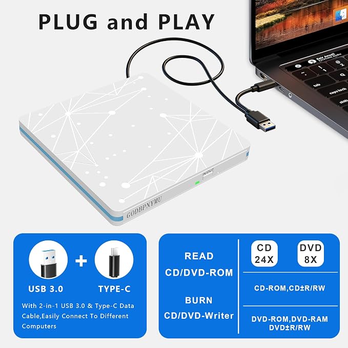 External CD/DVD Drive for Laptop, USB CD Drive, USB C Plug and Play Optical Drive, Portable CD Burner, Compatible Windows 11/10/8/7 XP Linux MacOS, w/Storage Bag & 4 disc Bags