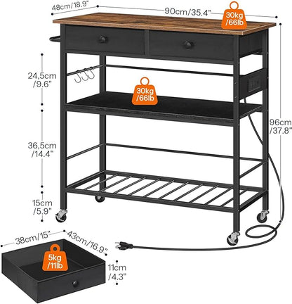 HOOBRO Kitchen Island with Storage, Rolling Island Cart for Kitchen with 2 Drawers & Outlet, 3 Tier Coffee Station and Microwave Stand, Kitchen Island Table for Home, Rustic Brown and Black FB08UZD01