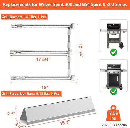 Spirit e310 Grill Parts, 69787 Grill Burner and 7636 Flavorizer Bars for Weber Spirit 300 and Spirit II 300 Series, Spirit E310 E320 E330 S310 Grill Parts for 15.3" Flavor Bars,18" Burner Tube