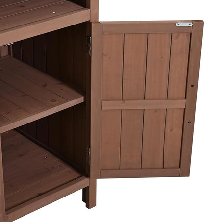 Merax 45.3" Large Outdoor Fir Wood Potting Bench with Storage, Multi-Functional Patio Kitchen Island with 6-Shelf Hutch+2 Cabinets+2 Drawers+3 Hooks, Garden Workstation for Planting, Gardening, Brown