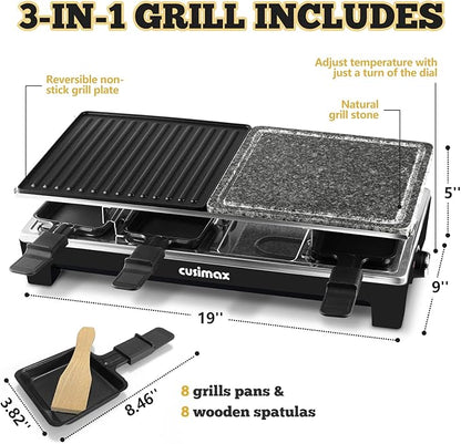 Raclette Table Grill, CUSIMAX Indoor Grill Electric Grill, Portable Korean BBQ Grill with 2 in 1 Reversible Non-stick Plate & Natural Grill Stone, 8 Raclette Pans 8 Wooden Spatulas for Family Fun