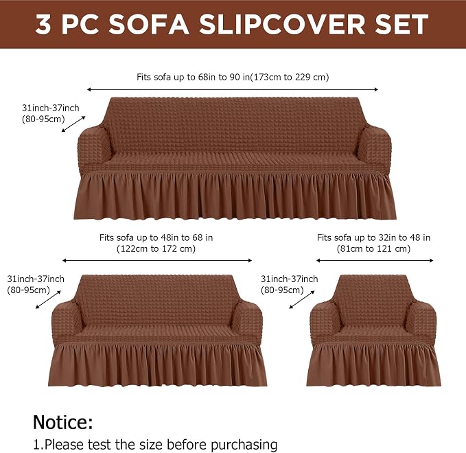 Fanfanwin 3 Pcs Sofa Slipcover Set for Couch Cushion Durable Washable High Elastic Stretchable Furniture Couch Covers with Skirt for Sofa Loveseat Arm Chair(Brown,Seersucker)