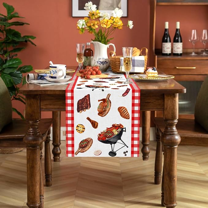 BBQ Party Table Runner Summer Barbecue Birthday Baby Shower Decoration Red and White Checkered Picnic Dining Room Home Kitchen Table Decor