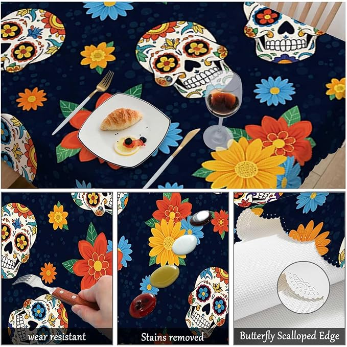 Swono Day of The Dead Table Cloth Rectangle Tables Mexican Sugar Skulls Flowers Kitchen Table Cover Oblong 52"X70" Tablecloth for Dining Table Buffet Parties Patio and Camping