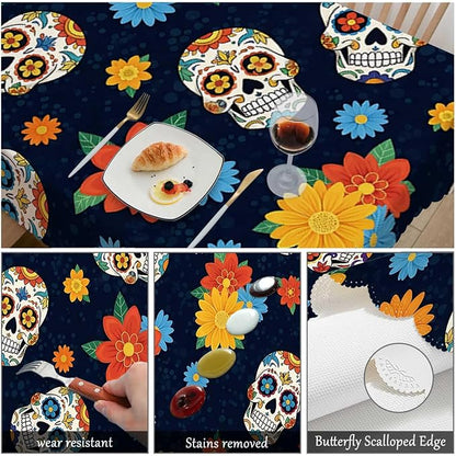Swono Day of The Dead Table Cloth Rectangle Tables Mexican Sugar Skulls Flowers Kitchen Table Cover Oblong 52"X70" Tablecloth for Dining Table Buffet Parties Patio and Camping