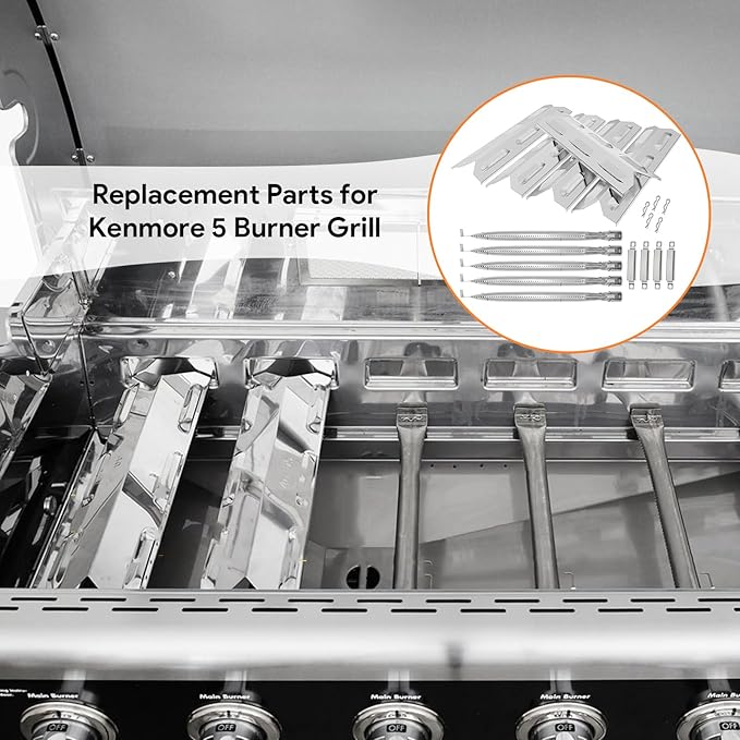 BQMAX Grill Parts for Kenmore 5 Burner Grill 146.23680310, 146.47469610, 146.30213510, 146.47468610, 640-05057375-7, Heat Plate & Burner Kit for Kenmore Grill Replacement Parts