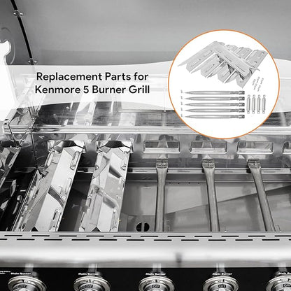 BQMAX Grill Parts for Kenmore 5 Burner Grill 146.23680310, 146.47469610, 146.30213510, 146.47468610, 640-05057375-7, Heat Plate & Burner Kit for Kenmore Grill Replacement Parts