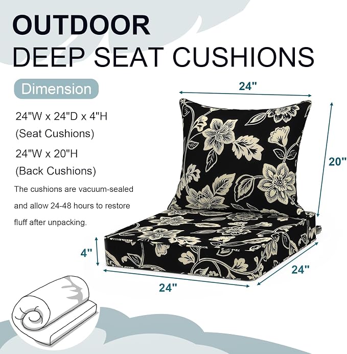 DYTXIII Outdoor Deep Seat Cushion Set, Water Repellent 24"x24" Patio Thick Cushions Replacement with Seat & Back Pillow for Patio Sofa, Wicker Chair, Couch - Vines Black