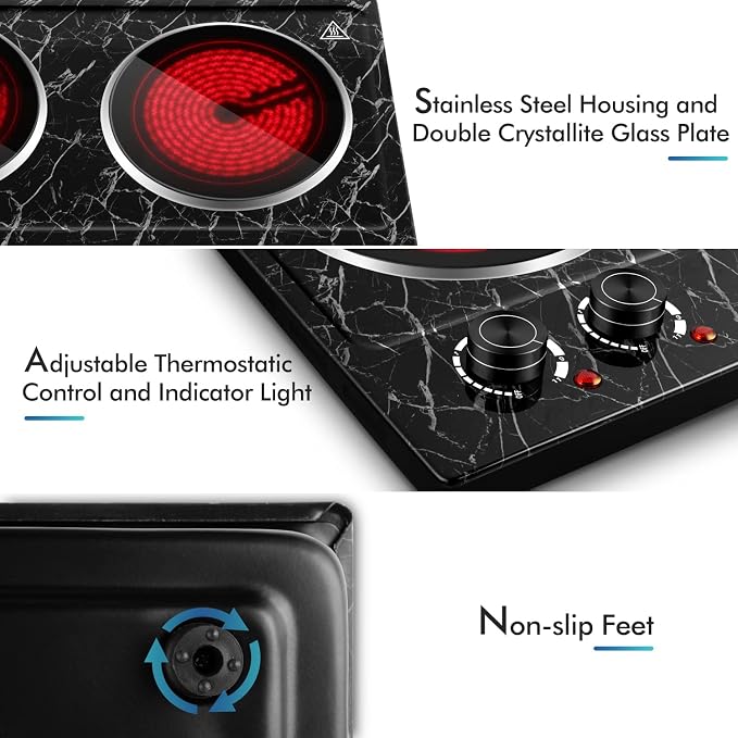 CUSIMAX Double Burner Electric Hot Plate for Cooking, 1800W, Black Marble | Portable Infrared Cooktop with Dual Temperature Control/Heat-up in Seconds/Overheating Protectio/Stainless Steel/Easy Cleanup