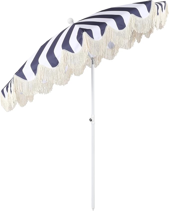 JONATHAN Y Mariner 6.5 ft. Striped Fringe Beach Umbrella, Navy/White | Push-Button Tilt, UV 50 Protection, Matching Carry Bag, Iron Pole, Wind Vent, Scalloped Round Canopy, Coastal Style