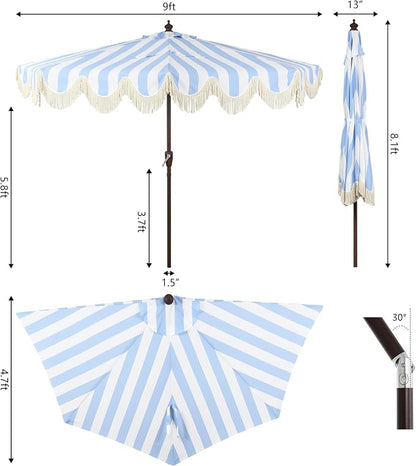 JONATHAN Y Beverly 9 ft. Striped Half Umbrella, Light Blue/Dark Brown | Coastal Scalloped Fringe, Crank Lift, 30 Degree Manual Tilt, UV 50 Polyester Canopy, Aluminum Frame, Space Saving Design