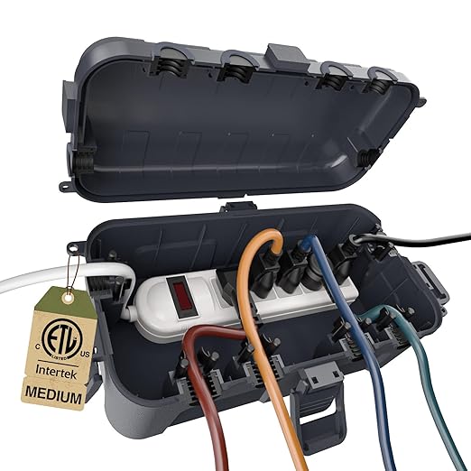 Flemoon Medium Outdoor Electrical Box (11.5x5.2x4 inch), IP54 Waterproof Extension Cord Cover w/6 Cable Entry Ports, Weatherproof Connection Box for Power Strip, Timer, Plug, Holiday Lights, Gray