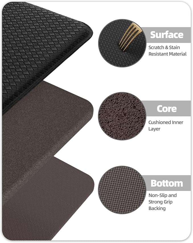 Color&Geometry Anti Fatigue Cushion Padded Kitchen Mat for Floor - 17x29+17x59, Easy Clean, Waterproof & Oil Proof, Anti Slip, Foam Rubber Runner Rug for Front Sink Comfort Standing, Black Set of 2