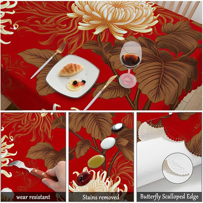 Swono Japanese Flower Table Cover Retro Blossom Chrysanthemum 50x72 Inch Table Cloth for Rectangle Tables Buffet Parties Coffee BBQ and Dinning Tablecloth, Golden Red