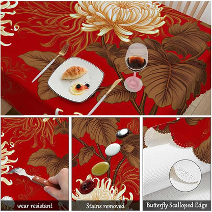 Swono Japanese Flower Table Cover Retro Blossom Chrysanthemum 50x72 Inch Table Cloth for Rectangle Tables Buffet Parties Coffee BBQ and Dinning Tablecloth, Golden Red