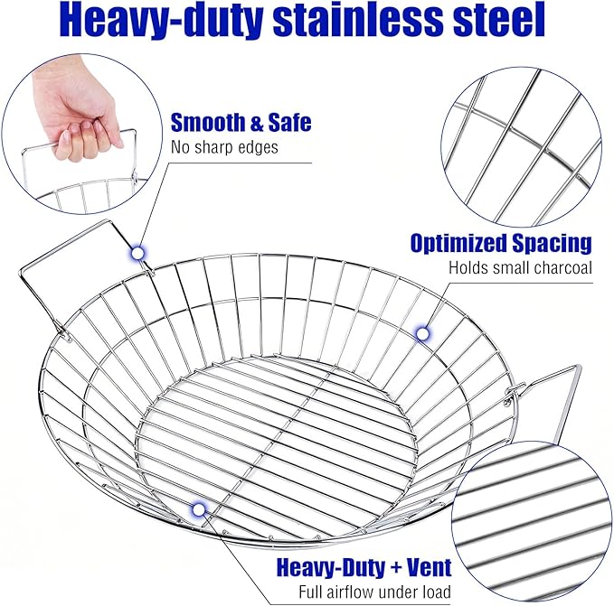 19-Inch Foldable Charcoal Basket for Large Kamado Grill, Heavy Duty Stainless Steel Ash Basket with Collapsible Handle (Silver, X-Large)