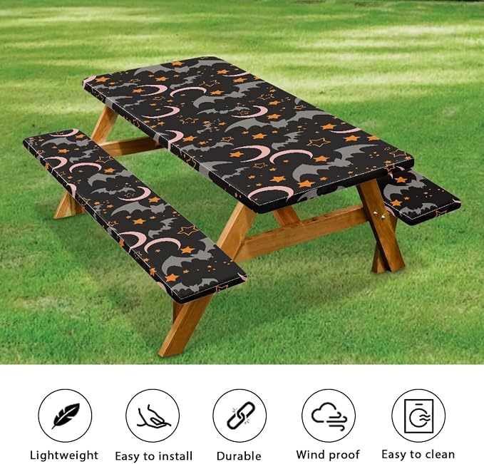3 Piece Fitted Picnic Table Cover with Elastic Band for Camping Party Supplies Halloween Bat Moon Camping Tablecloth with Elastic Band