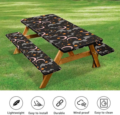 3 Piece Fitted Picnic Table Cover with Elastic Band for Camping Party Supplies Halloween Bat Moon Camping Tablecloth with Elastic Band