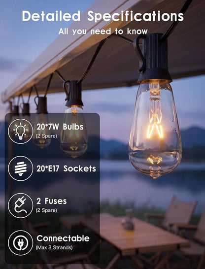 SUNSGNE 20FT Edison String Lights with 22 7W Clear Edison Bulbs, ST40 Patio Outdoor String Lights for Christmas Hanging Backyard Porch Balcony Party Decoration Lights, E17/C9 Socket Base, Black Wire