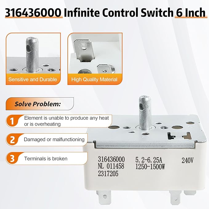 316436000 Surface Infinite Burner Range Switch, Burner Infinite Control Switch, Fits for Frigidaire (6 Inch), Replaces Part 316021500, 5304506424, 1155394, AP3890378, EAP1145039, PS1145039