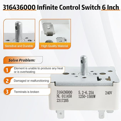 316436000 Surface Infinite Burner Range Switch, Burner Infinite Control Switch, Fits for Frigidaire (6 Inch), Replaces Part 316021500, 5304506424, 1155394, AP3890378, EAP1145039, PS1145039