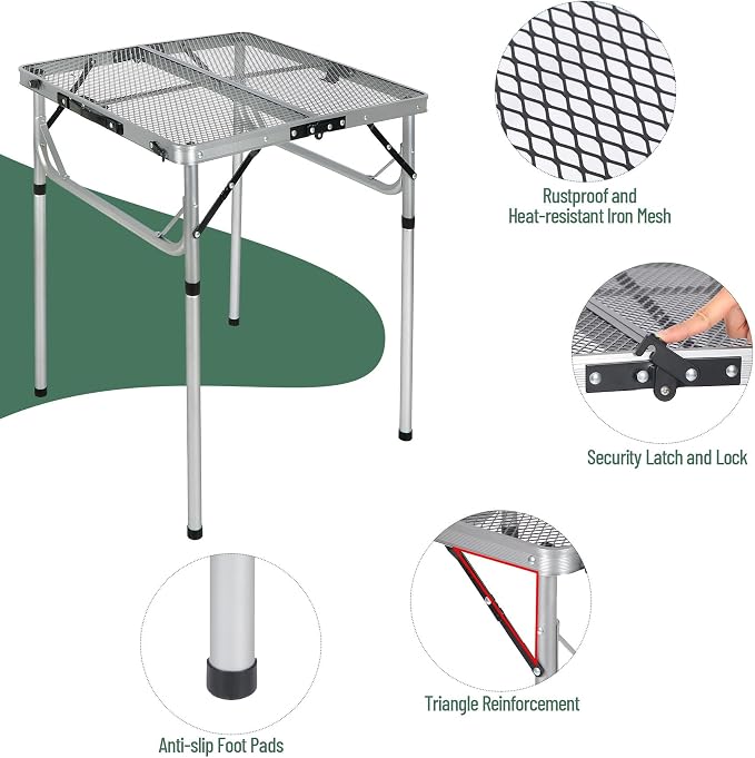 Portable Grill Table for Outside, Aluminum Folding Grill Stand Table for Outdoor Camping Picnic BBQ, Lightweight Adjustable Height, 24"x24"x9.8"/27" Sliver