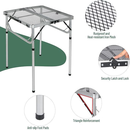 Portable Grill Table for Outside, Aluminum Folding Grill Stand Table for Outdoor Camping Picnic BBQ, Lightweight Adjustable Height, 24"x24"x9.8"/27" Sliver