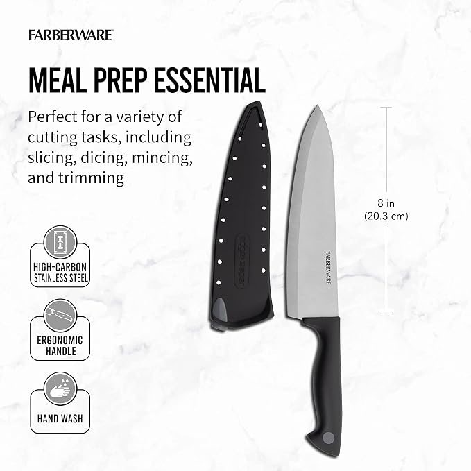 Farberware 8 Inch Chef Knife with EdgeKeeper Self-Sharpening Blade Cover, High-Carbon Stainless Steel Kitchen Knife for Slicing, Dicing, and Mincing