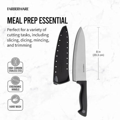 Farberware 8 Inch Chef Knife with EdgeKeeper Self-Sharpening Blade Cover, High-Carbon Stainless Steel Kitchen Knife for Slicing, Dicing, and Mincing